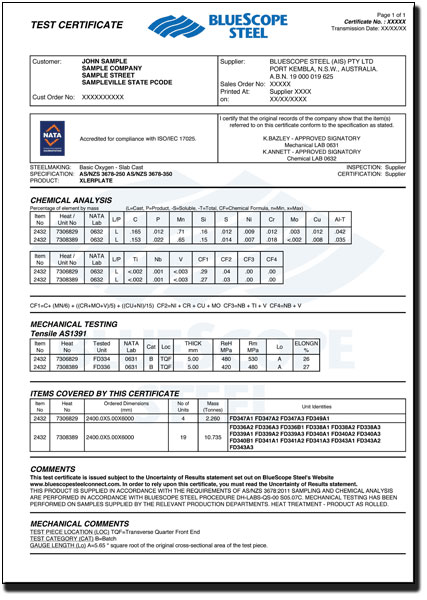BlueScope Steel ACRS Test Certificate