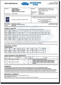 BlueScope Steel ACRS Test Certificate
